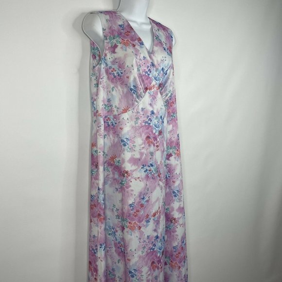 Vintage 70s White Pink Floral Polyester Sleeveless Maxi Hostess Dress Ha… - Picture 3 of 7